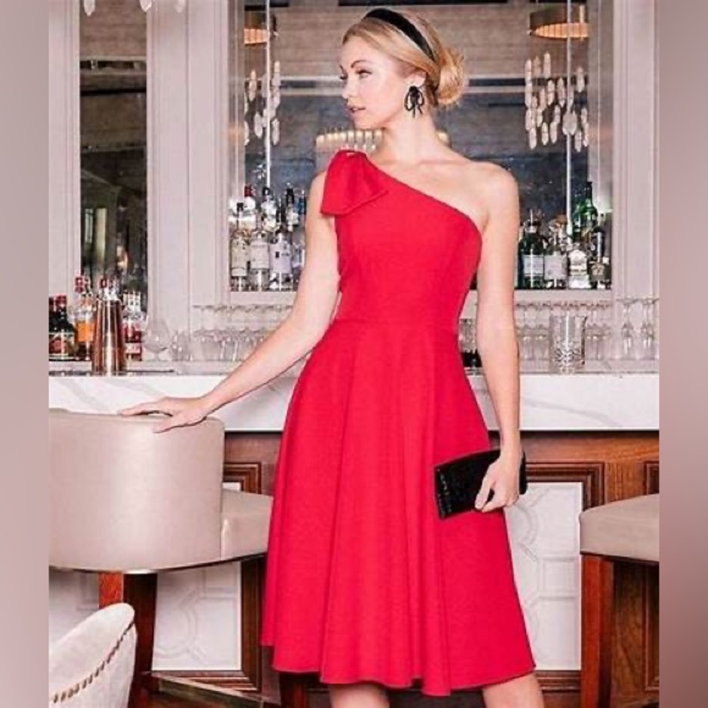 NWT Gal Meets Glam Yvonne Bow One Shoulder A-Line Midi Dress
